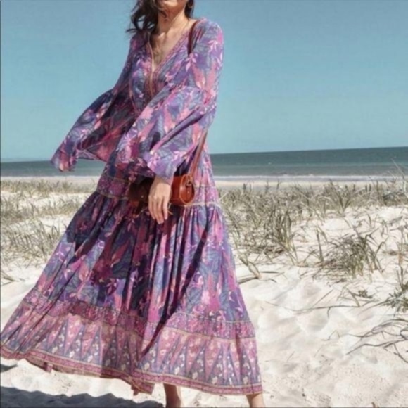 029 Boho purple Floral Print wisteria gypsy Maxi Dress - Picture 2 of 16